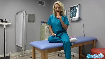 A nurse on her lunch break jerks off her hungry pussy with a rubber dick